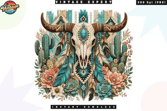 Download Western Bull Skull Turquoise Floral PNG - Turquoise Collection